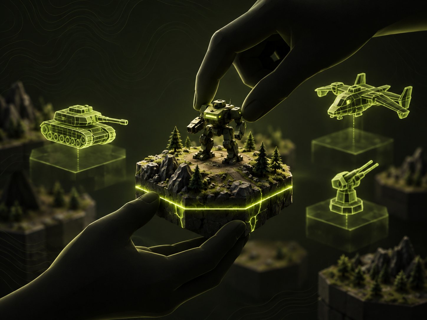 Hands placing a miniature mech onto a floating terrain tile, with glowing outlines of tanks and turrets waiting nearby