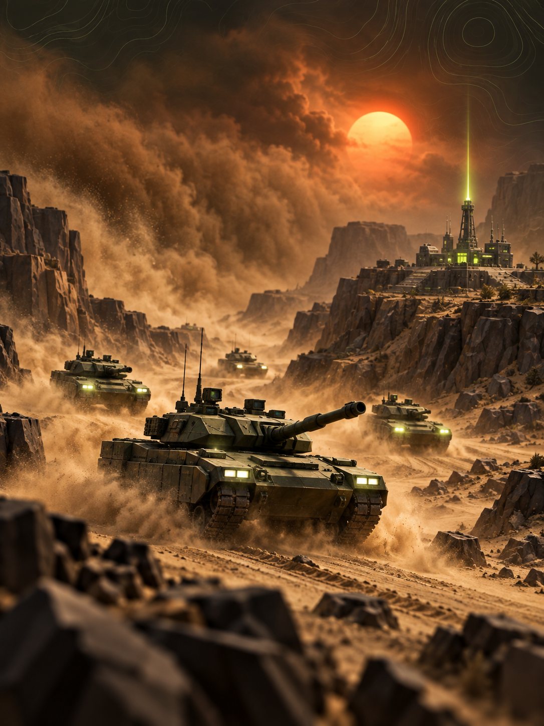 Example game art: tanks rolling through a desert sandstorm under a red sun