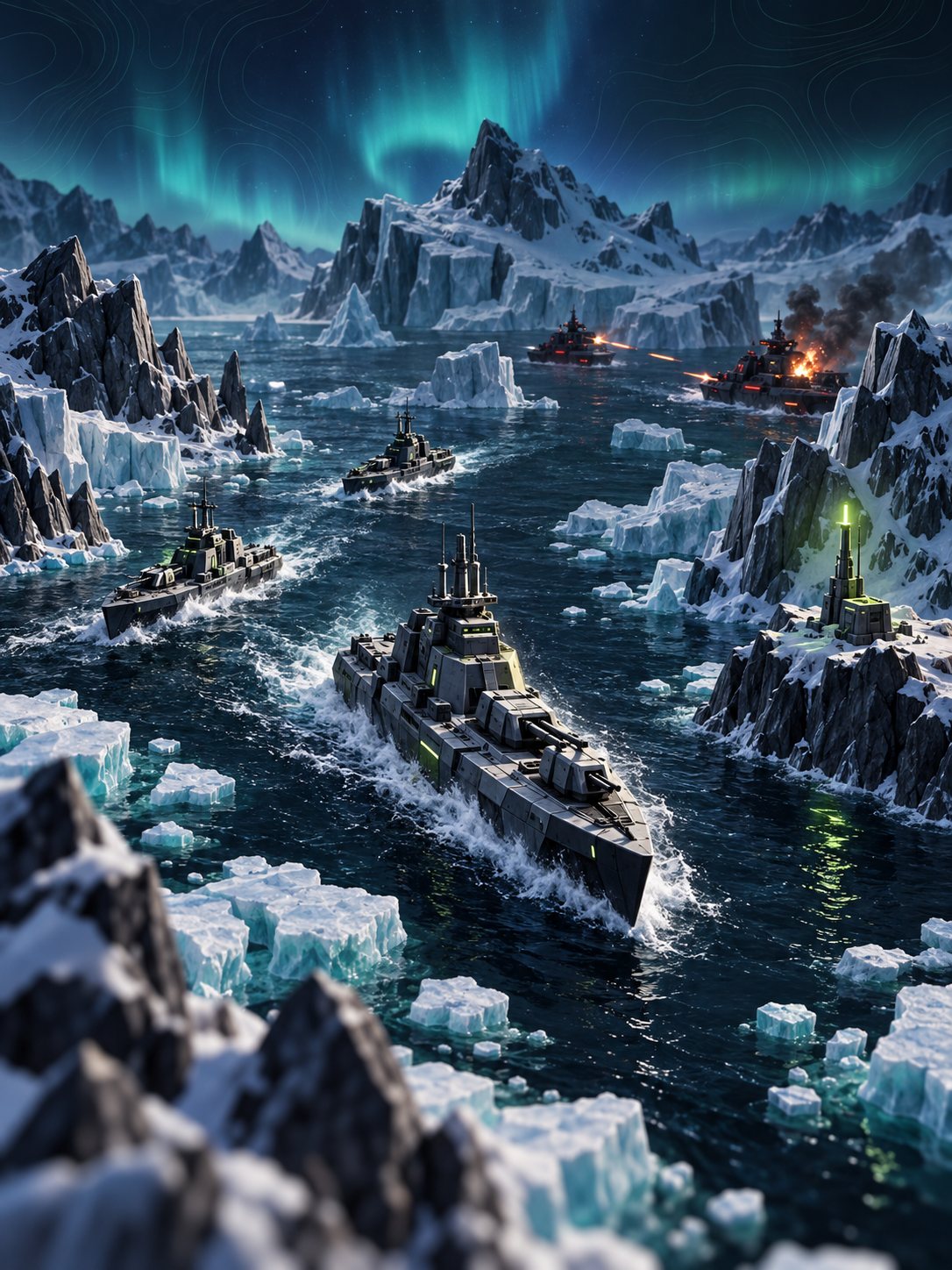 Example game art: warships battling through polar ice under the northern lights