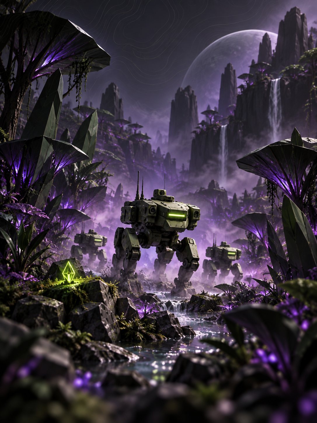 Example game art: walkers advancing through a glowing purple alien jungle