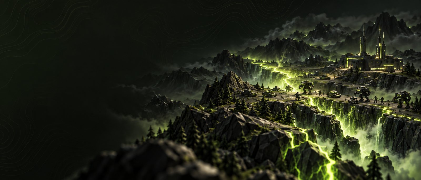 A dark rocky landscape at night split by a long glowing crack, with small units gathering along it