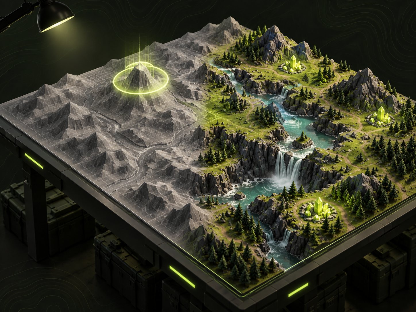 A terrain map halfway between raw grey heightmap and finished landscape with rivers and forests
