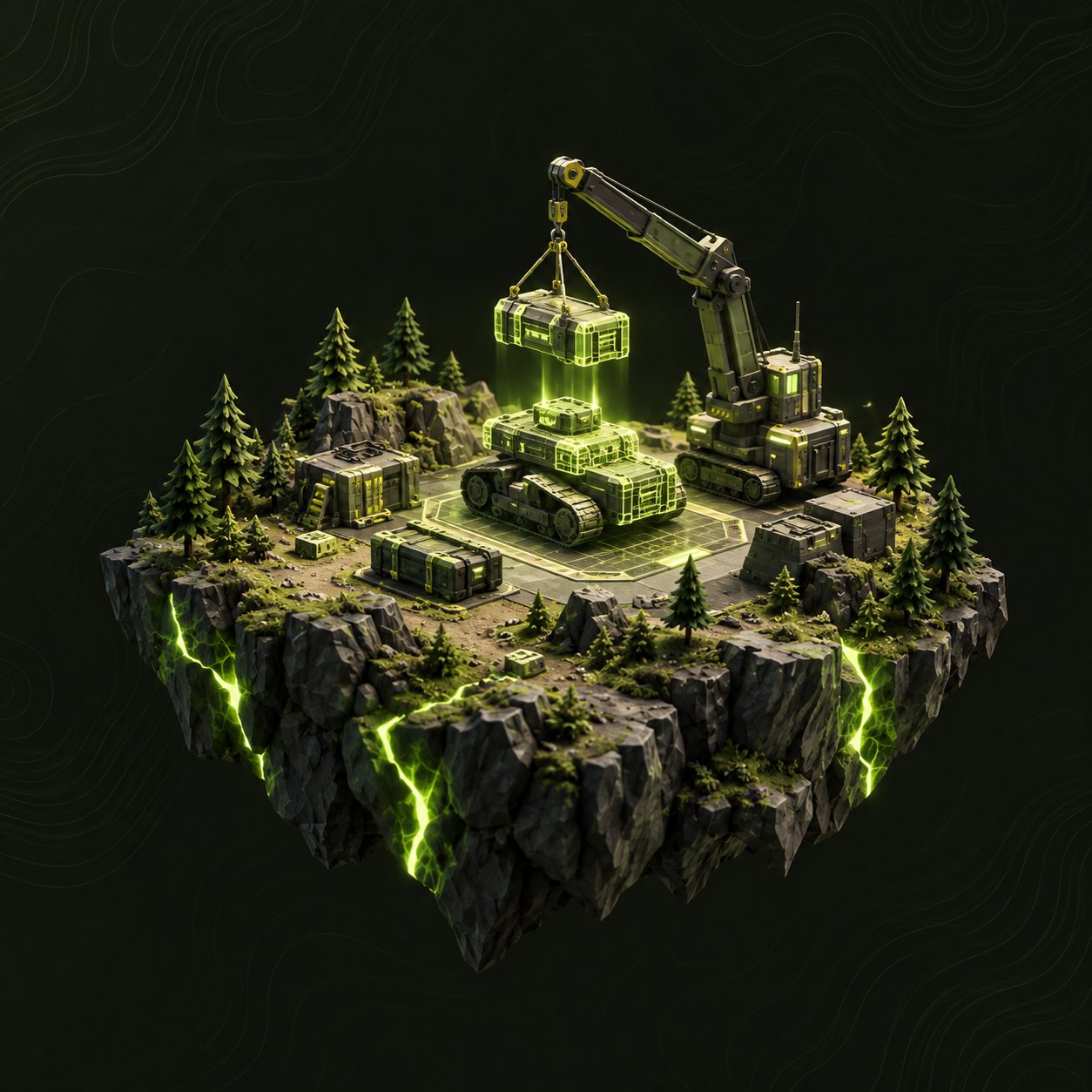 A crane assembling a glowing unit on a floating island