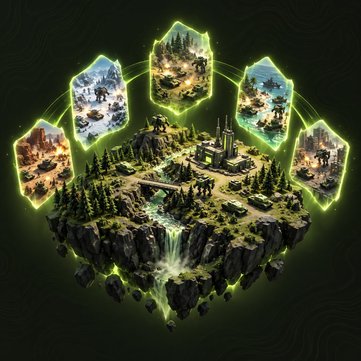 Glowing portals showing different battles around a floating island