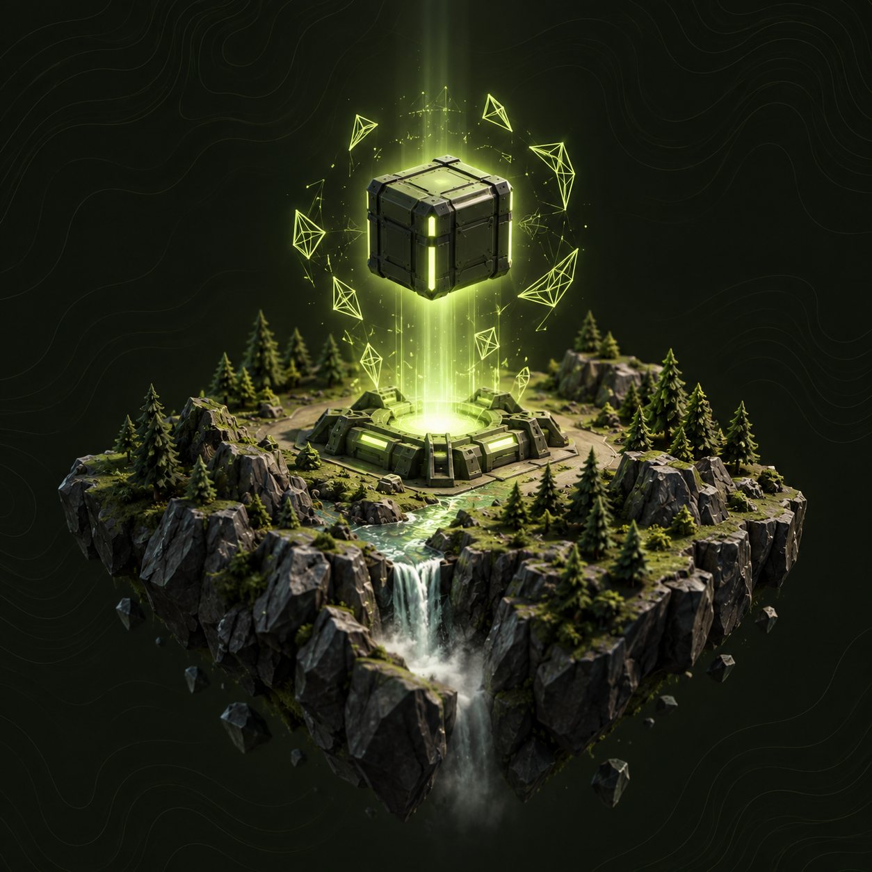 A glowing game package lifting off on a beam of light