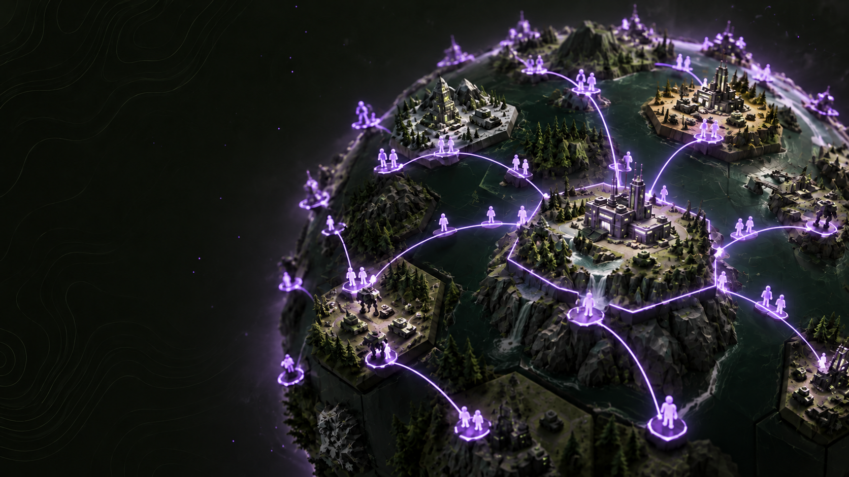 A low-poly globe dotted with battle arenas, linked by lines of lime light