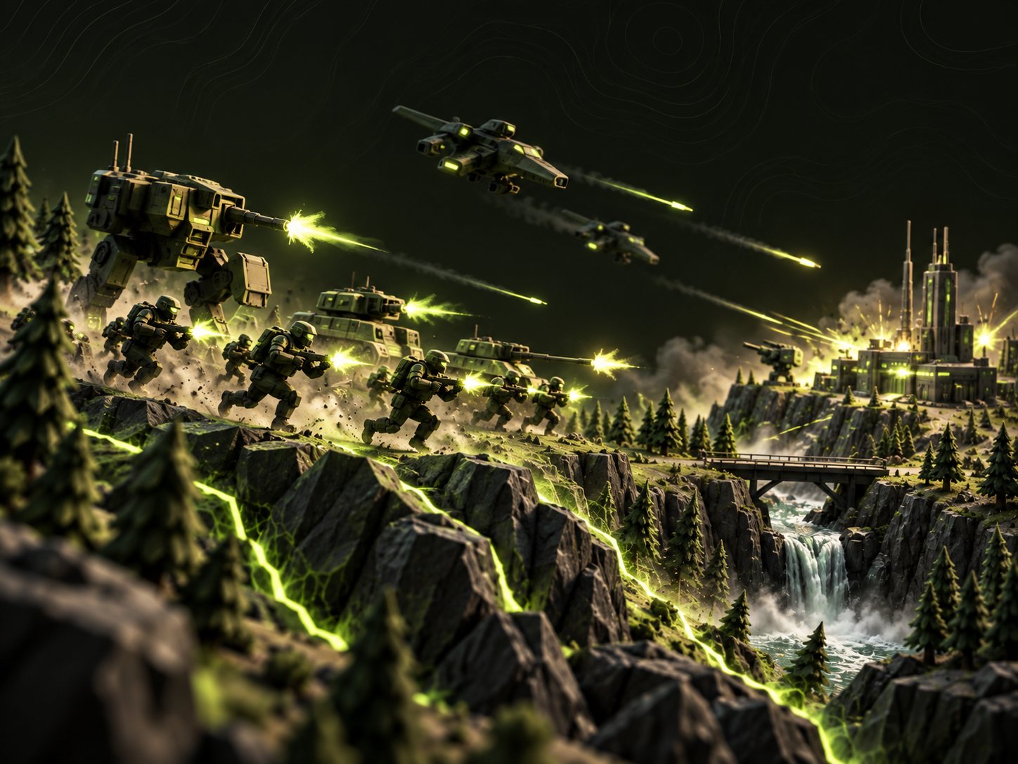 A miniature army of mechs, tanks and aircraft charging across a glowing ridge